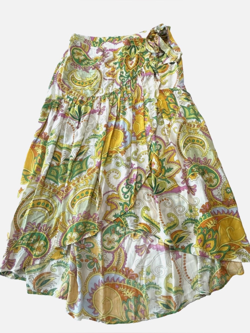 Boho Floral Paisley maxi Skirt in White, Green & Yellow with tie and open split
